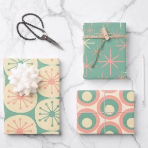 Retro Mod Patterns in Mint, Blush Pink, and Cream Wrapping Paper Sheet