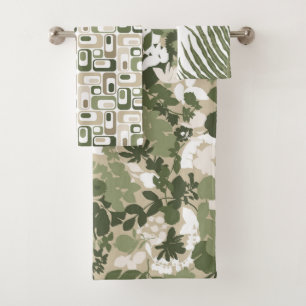Retro Mod Patterns Sage Olive Green Beige  Bath Towel Set
