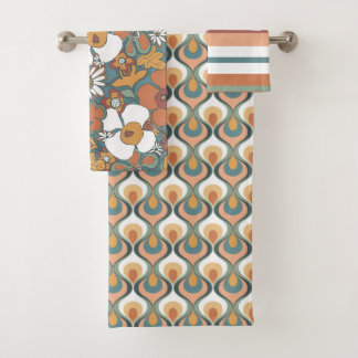 Retro Mod Patterns Sage Teal Terracotta Orange Bath Towel Set