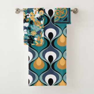 Retro Mod Patterns Teal Mustard Black White Aqua Bath Towel Set