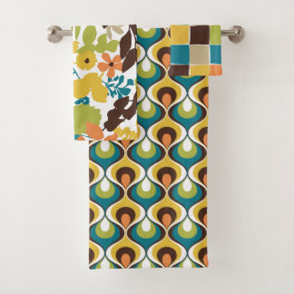 Retro Mod Patterns Teal Orange Mustard Green Bath Towel Set