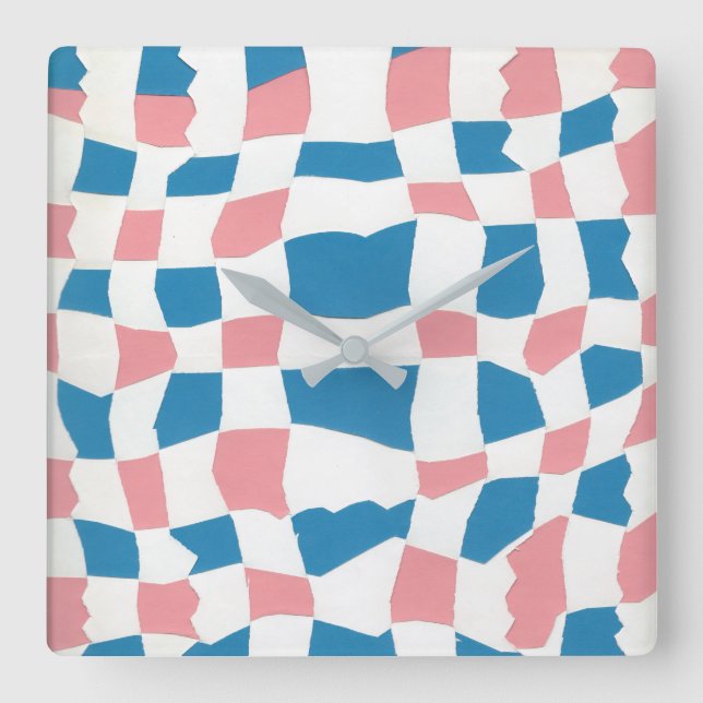 Retro Mod Pink Blue Checkerboard Abstract Square Wall Clock (Front)