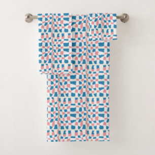 Retro Mod Pink Blue Chequerboard Abstract Bath Towel Set