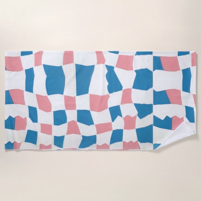 Retro Mod Pink Blue Chequerboard Abstract Beach Towel (Front)