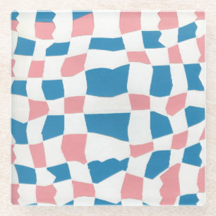 Retro Mod Pink Blue Chequerboard Abstract Glass Coaster