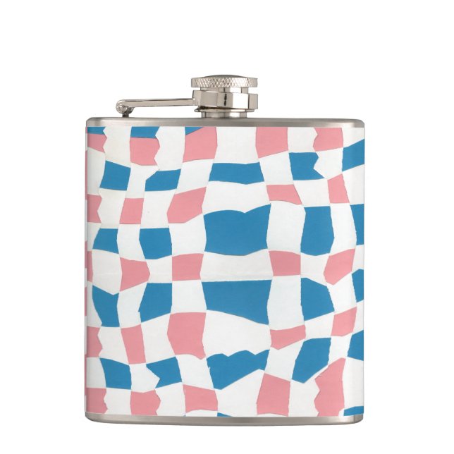 Retro Mod Pink Blue Chequerboard Abstract Hip Flask (Front)