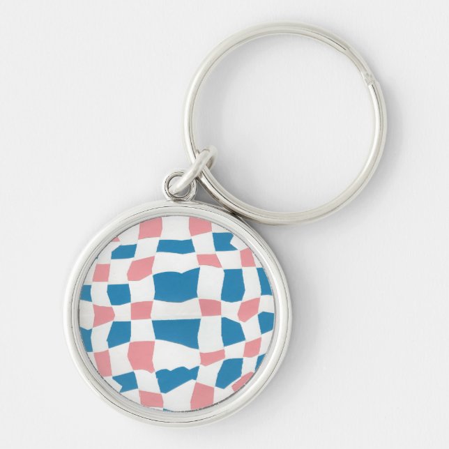 Retro Mod Pink Blue Chequerboard Abstract Keychain (Front)