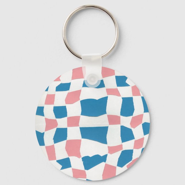 Retro Mod Pink Blue Chequerboard Abstract Keychain (Front)