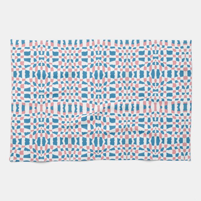 Retro Mod Pink Blue Chequerboard Abstract Kitchen Towel (Horizontal)