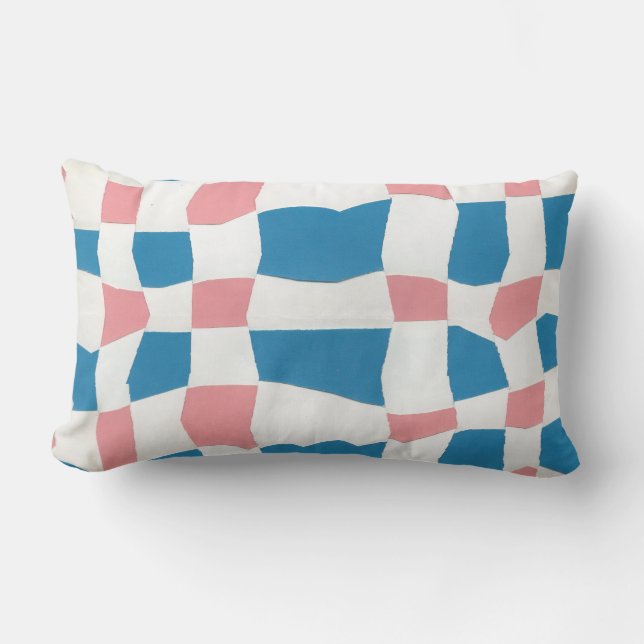 Retro Mod Pink Blue Chequerboard Abstract Lumbar Pillow (Front)