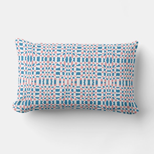 Retro Mod Pink Blue Chequerboard Abstract Lumbar Pillow (Front)