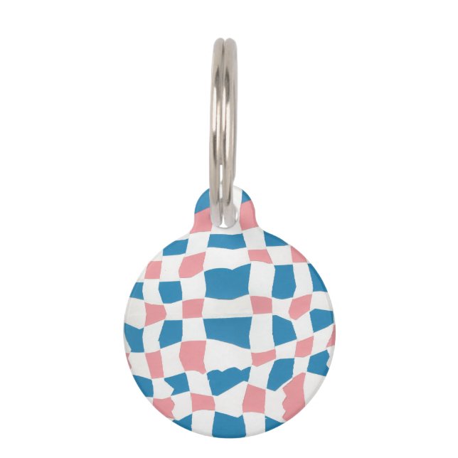 Retro Mod Pink Blue Chequerboard Abstract Pet Tag (Front)