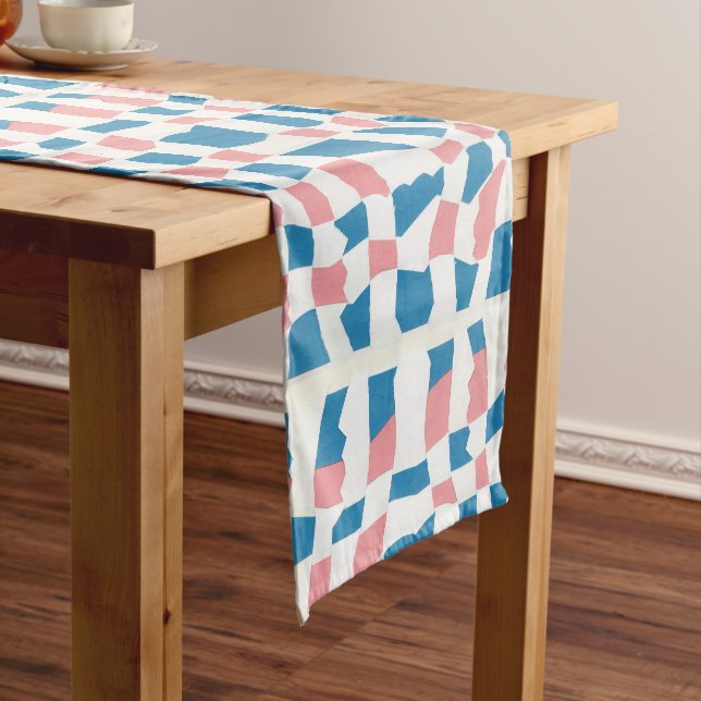 Retro Mod Pink Blue Chequerboard Abstract Short Table Runner (In Situ)