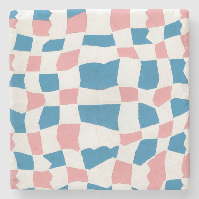 Retro Mod Pink Blue Chequerboard Abstract Stone Coaster (Front)