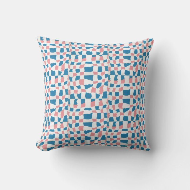 Retro Mod Pink Blue Chequerboard Abstract Throw Pillow (Front)