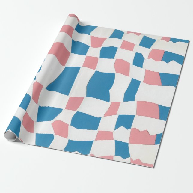 Retro Mod Pink Blue Chequerboard Abstract Wrapping Paper (Unrolled)
