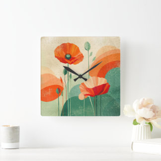 Retro Modern Abstract Poppy Floral Art Square Wall Clock
