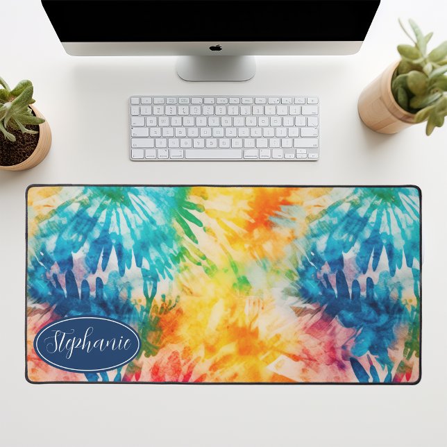 Retro Modern Abstract Rainbow Watercolor Tie Dye Desk Mat (Creator Uploaded)