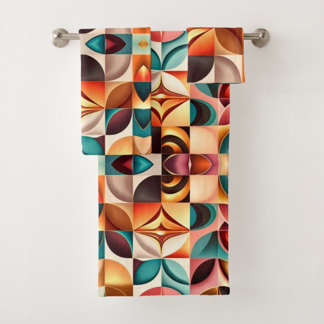 Retro Modern Abstract Squares Collection Bath Towel Set (Insitu)