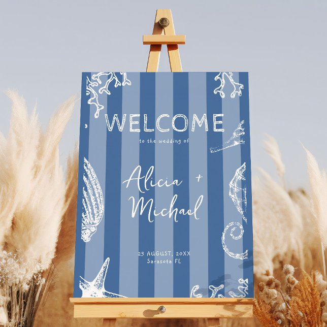 Retro modern beach striped wedding welcome sign (Creator Uploaded)