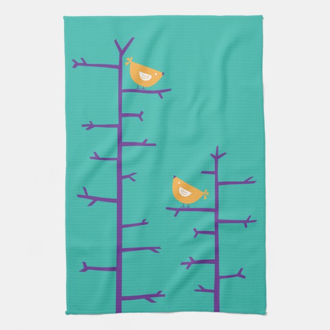 Retro Modern Birds on Tree Branches Kitchen Towel (Vertical)