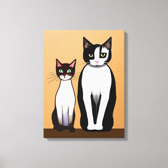 Retro Modern Black and White Cat and Kitten Canvas Print (Front)