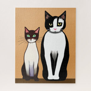 Retro Modern Black and White Cat and Kitten Jigsaw Puzzle