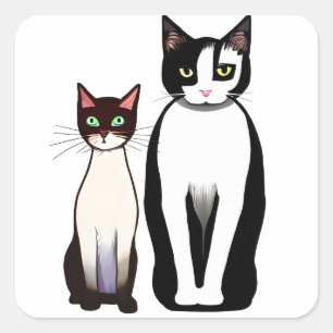 Retro Modern Black and White Cat and Kitten Square Sticker