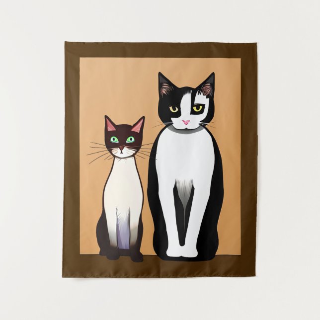 Retro Modern Black and White Cat and Kitten Tapestry (Front)
