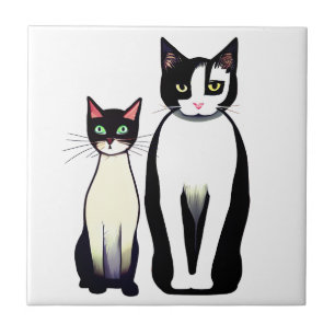 Retro Modern Black and White Cat and Kitten Tile