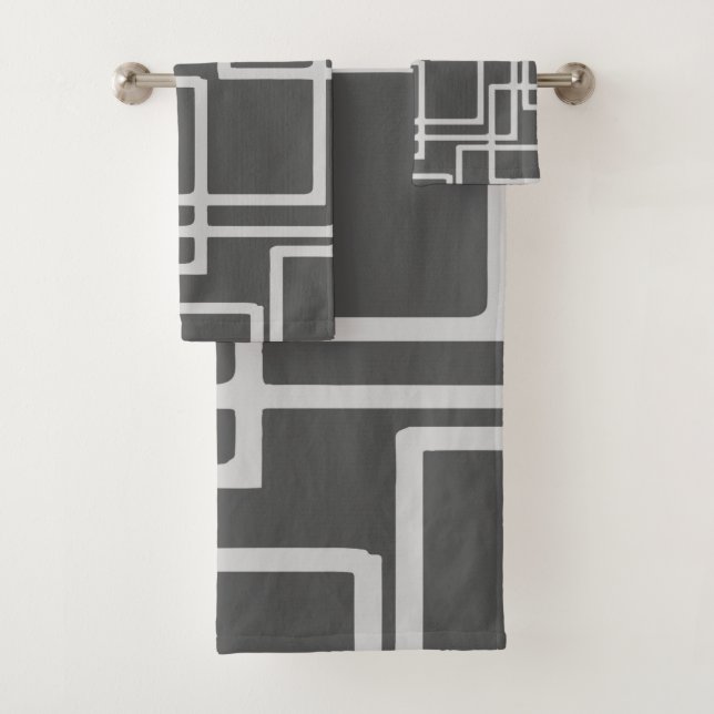 Retro Modern Blanched Slate Squares On Storm Grey Bath Towel Set (Insitu)