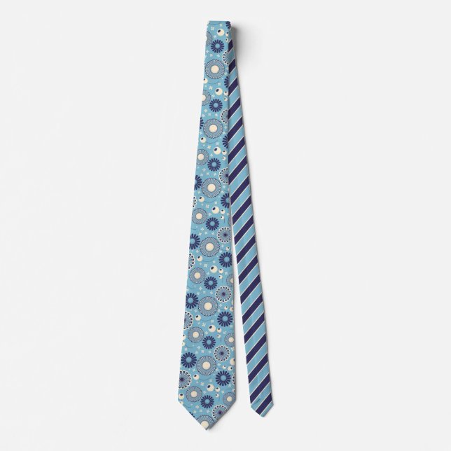Retro Modern Blue and Cream Flowers Patterned Tie (Front)