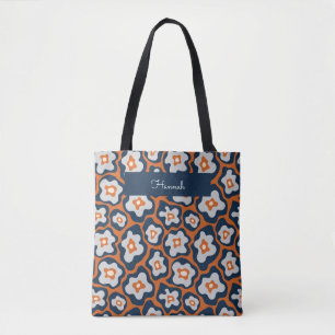 Retro Modern Blue Egg Flowers Custom Name Tote Bag