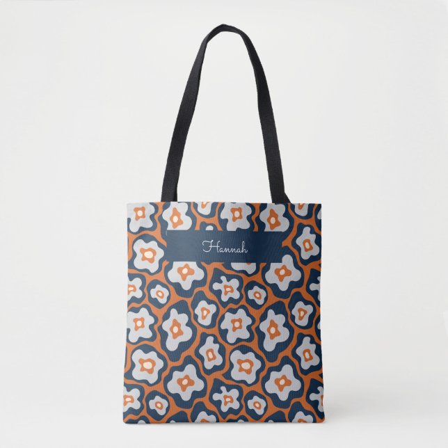 Retro Modern Blue Egg Flowers Custom Name Tote Bag (Front)