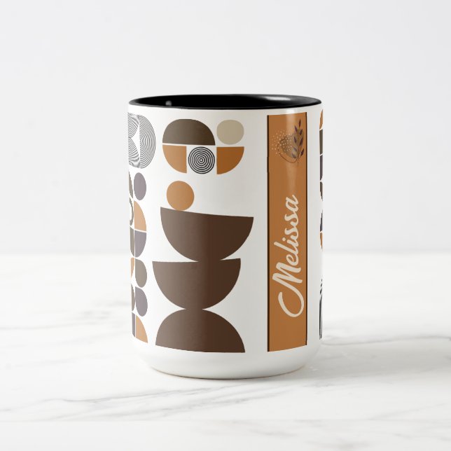 retro modern boho style colourful geometric patter Two-Tone coffee mug (Center)