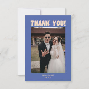 Retro Modern Bold Typography Blue Wedding Photo Thank You Card