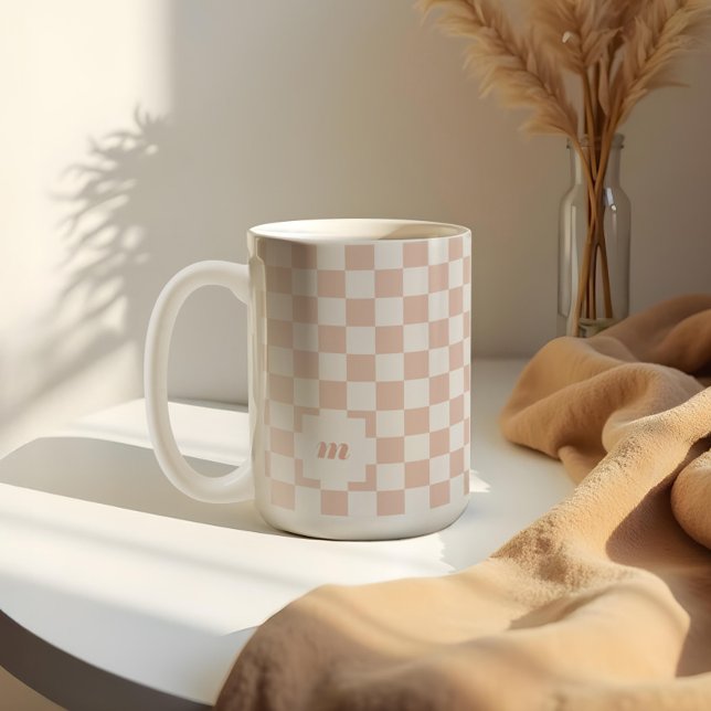 Retro Modern Chequered Pattern Custom Monogram Coffee Mug (Retro Modern Chequered Pattern Custom Monogram Coffee Mug)