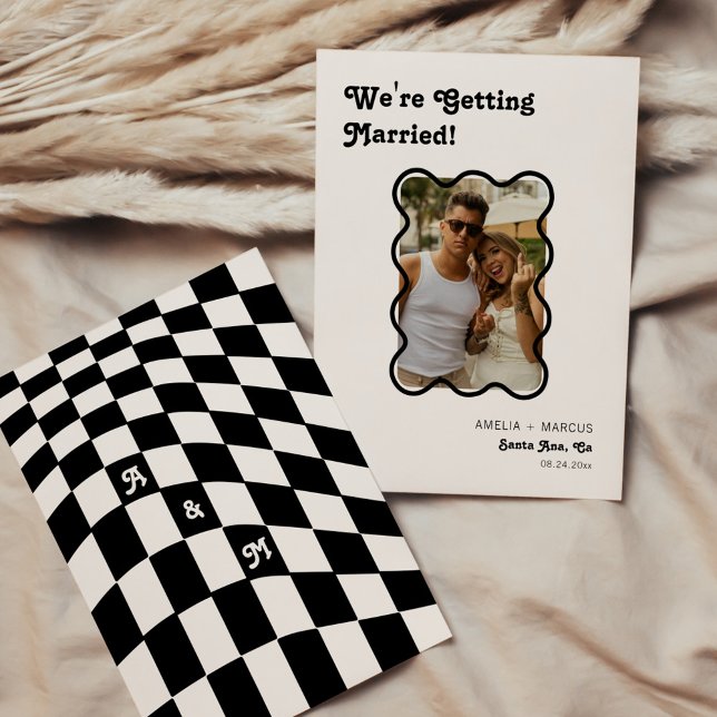 Retro Modern Chic Black Chequered Save the Date Invitation (Creator Uploaded)