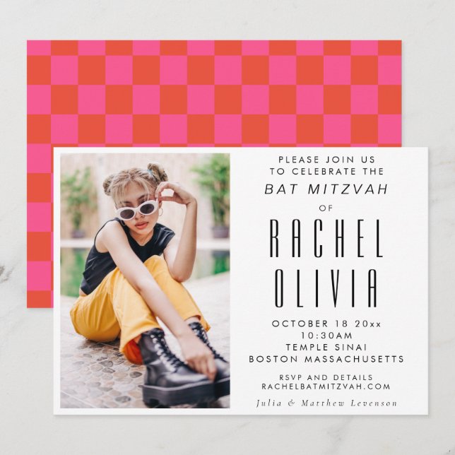 Retro Modern Chic Photo Pink and Red Bat Mitzvah I Invitation (Front/Back)