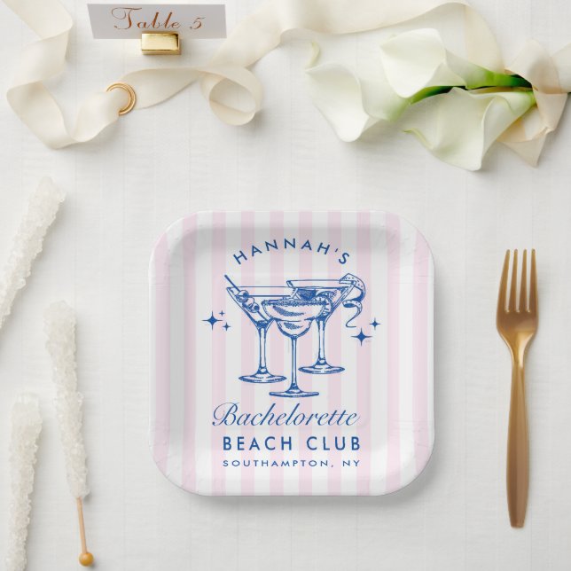 Retro Modern Cocktail Bachelorette Blue Paper Plate (Wedding)