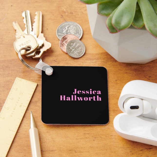 Retro-modern Editable Text | Black & Pink Keychain (Desk)