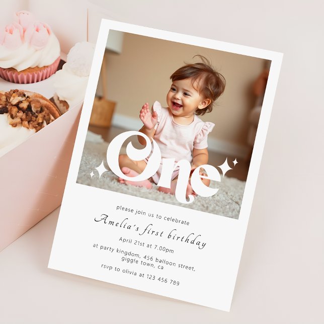 Retro Modern First Birthday Party Photo Invitation (Creator Uploaded)