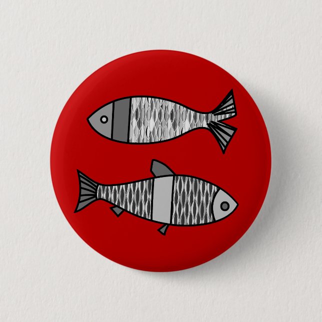 Retro Modern Fish, Deep Red and Grey / Grey 2 Inch Round Button (Front)
