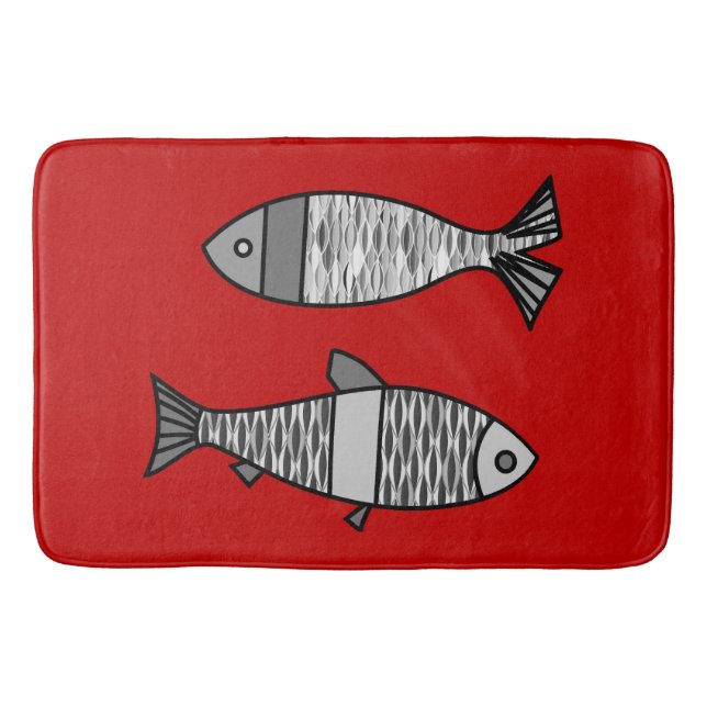 Retro Modern Fish, Deep Red and Grey / Grey Bath Mat (Front)