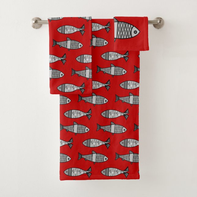 Retro Modern Fish, Deep Red and Grey / Grey Bath Towel Set (Insitu)