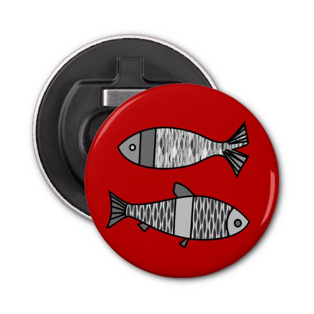 Retro Modern Fish, Deep Red and Grey / Grey Bottle Opener (Front)