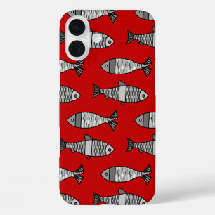 Retro Modern Fish, Deep Red and Grey / Grey iPhone 16 Plus Case