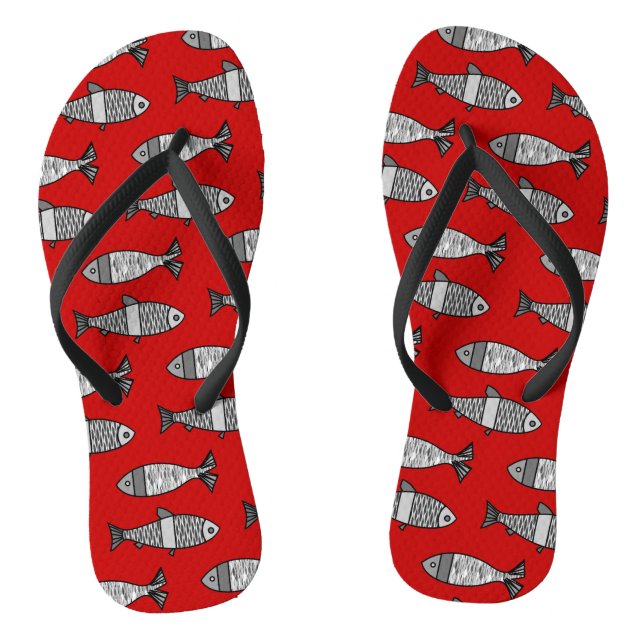 Retro Modern Fish, Deep Red and Grey / Grey Flip Flops (Footbed)