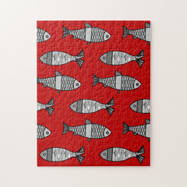 Retro Modern Fish, Deep Red and Grey / Grey Jigsaw Puzzle (Vertical)