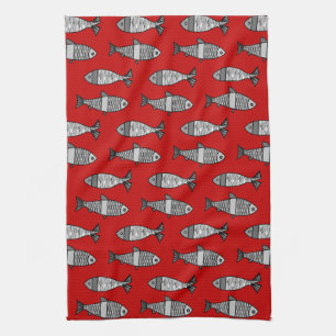 Retro Modern Fish, Deep Red and Grey / Grey Kitchen Towel
